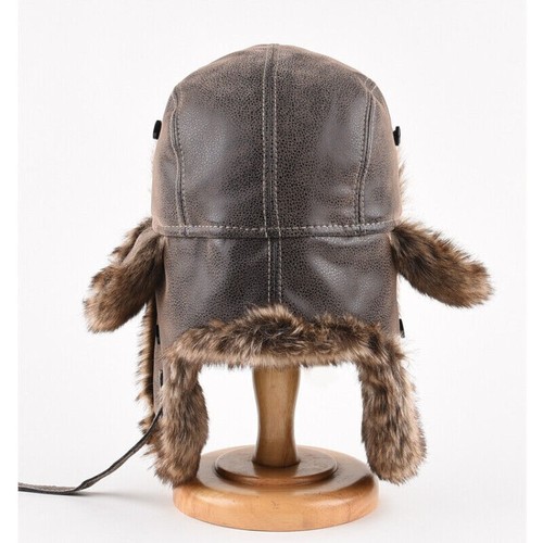Men's Winter Raccoon Fur Leather Trapper Hat Russian Ushanka Earflap Aviator Cap - Picture 7 of 13