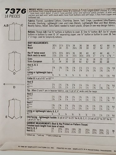 Simplicity 7376 Size P 12,14,16 Vest Factory Folded Uncut - Picture 3 of 3