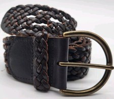 Tarnish Wide Brown Braided Woven Genuine Leather Belt Brass Buckle Size M