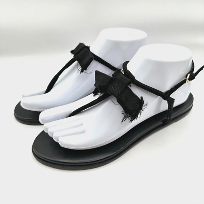 J. Crew Bow Sandals Womens 8.5 Black Frayed Ribbon Leather Indie Summer Work