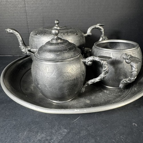Antique 19th Century Huikee Swatow Pewter Chinese Dragon Tea Service Set - Picture 3 of 24