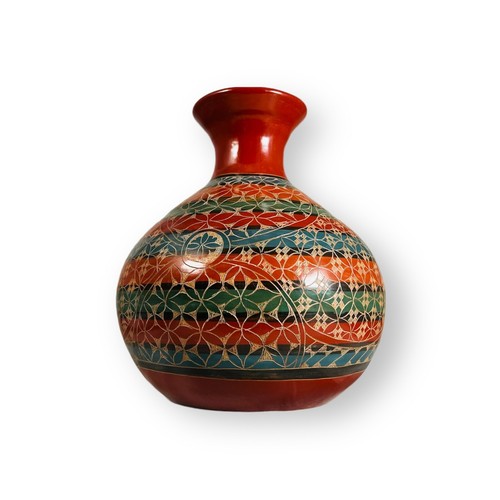 Beautiful Rainbow Red Top Nicaraguan Pottery Vase. 8” Tall Geometric Patterns - Picture 4 of 4