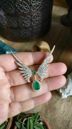 3CT Pear & Round Emerald Butterfly Brooch Pendant Shape 14K Yellow Gold Finish - Picture 5 of 5