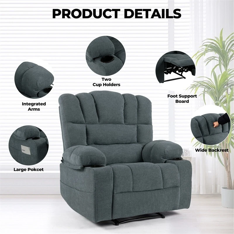 Vibration Massage Heat Manual Recliner Chair Reclining Single Sofa Cup Holder - Image 2 of 4