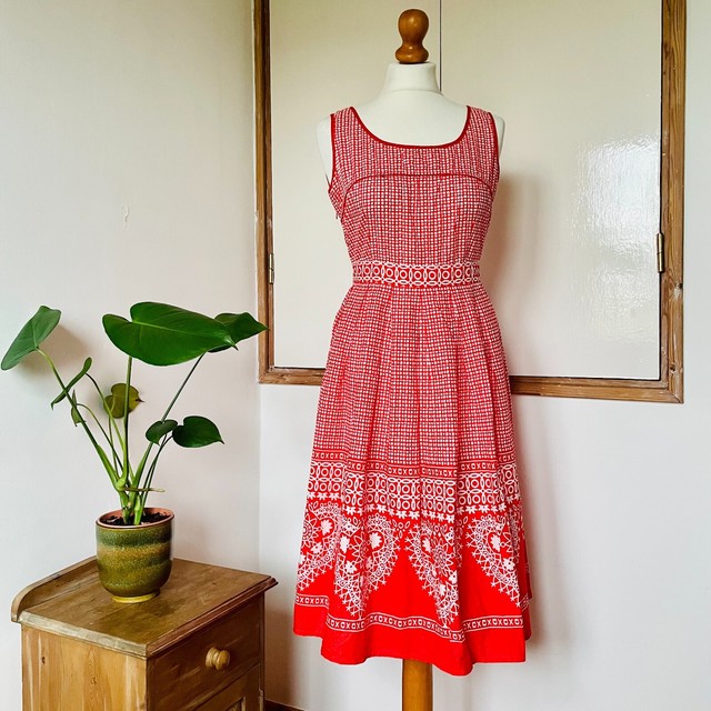 Vintage 70s Style Red White Folk Print Summer Dress 14 Vintage 70s Style Red White Folk Print Summer Dress 14