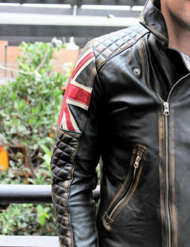 Herren Biker Gesteppt Vintage Motorrad Distressed Brown Cafe Racer Lederjacke - Bild 4 von 6