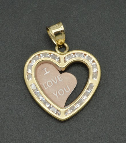 14K Solid Yellow & Rose Gold "I LOVE YOU" Heart Shape Pendant - Picture 3 of 4