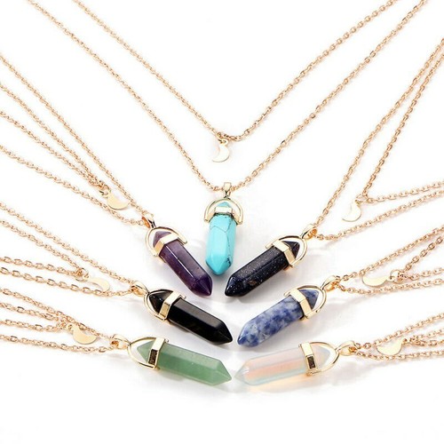 Necklace Natural Quartz Crystal Gemstone Layer Healing Stone Pendant Choker Moon - Picture 3 of 19