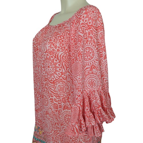 Uncle Frank 3/4" ruffled bell sleeve embroidered orange pink shift dress sz XS - Picture 8 of 18