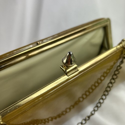 Vintage Clutch Purse 1970s Mustard Gold Vinyl Finial Top Chain Handle - Picture 5 of 9