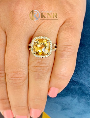 14K Yellow Gold Cushion Yellow Citrine Round Cut Diamond Ring Split Band 4.70ctw - Picture 3 of 7