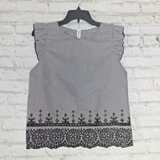 Expose Top Womens Small Black White Plaid Embroidered Sleeveless Ruffle Blouse