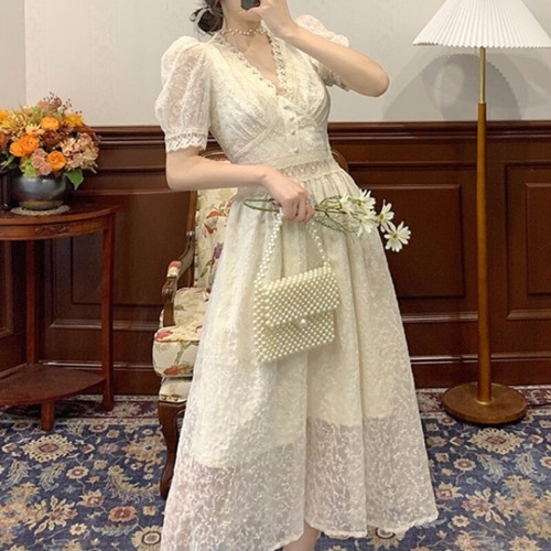 Women Lace Midi Dress Puff Short Sleeve High Waist A Line Elegant Retro - Picture 8 of 10