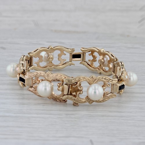 Vintage Mikimoto Cultured Pearl Glass Ornate Bracelet 14k Yellow Gold 6" 12.2mm