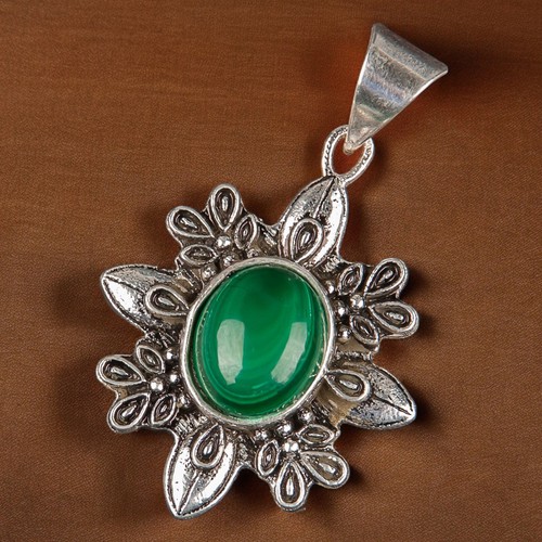 925 Sterling Silver Jewelry Natural Malachite Green Gemstone Handmade Pendant FW - Picture 2 of 8