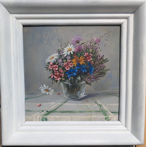 Alpenblumen in Glasvase, Öl auf Karton, ca 1950, gerahmt, signiert - Bild 2 von 16