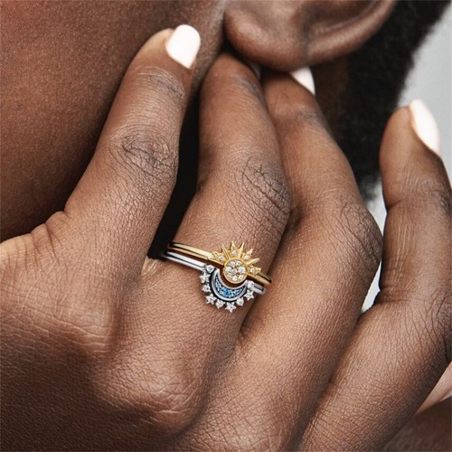 Sparkling Sun And Moon Matching Rings Couple Rings925 Silver Stackable Rings - Picture 2 of 9