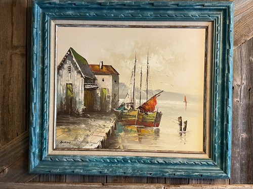 Original gerahmtes Vintage SEELANDSCHAFT Ölgemälde auf Leinwand - signiert "Almon" Baldwin? - Bild 2 von 10