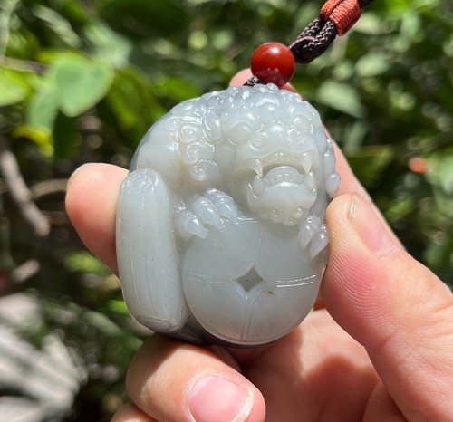 CERTIFIED 121.4g 100% NATURAL WHITE RIVER JADE HAND CARVED FOO DOGS PENDANT - Picture 16 of 24