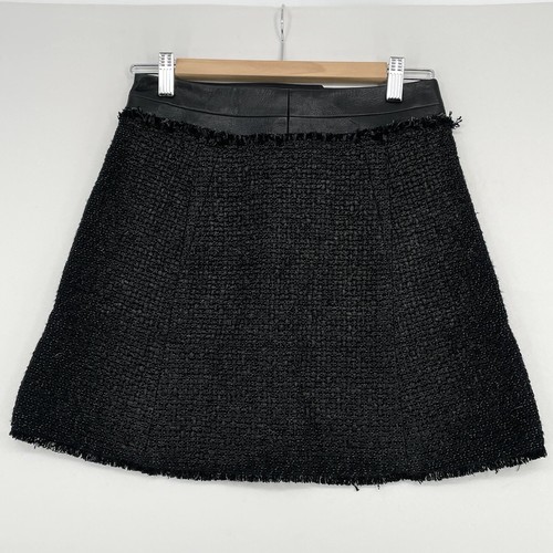 Kaufman Franco Tweed Mini Skirt Size 2/38 Black Faux Leather USA Made Vtg Luxury - Picture 4 of 11