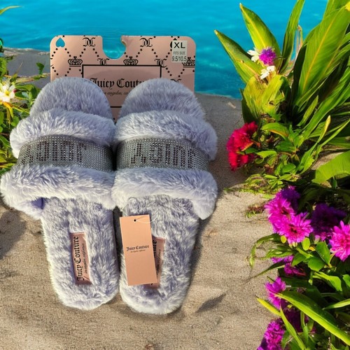Juicy Couture Black/Silver Slide Slipper Sandals Faux Fur Size XL ( 9.5 - 10.5 ) - Picture 3 of 6