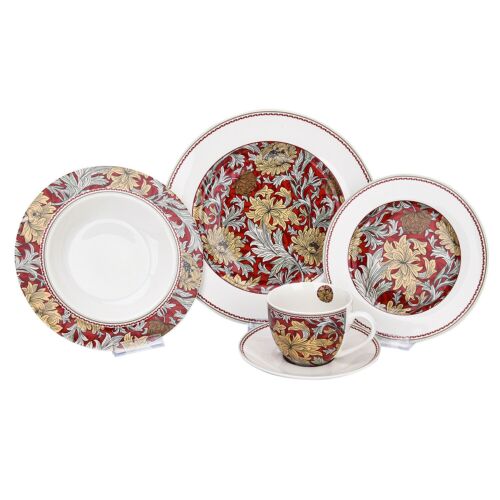Bone China Dinner Service Set 20pc Porcelain Dinnerware - MORRIS GARDEN Red Gold - Picture 3 of 19