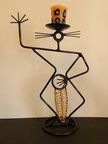 (5) Tribal Art Musician Set Wrought Iron / Rattan Candle Holders Leopard Candles - Picture 2 of 6