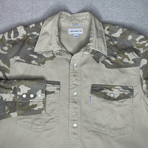 Carhartt Pearl Snap Shirt Mens Large Ironwood Twill Canvas Camo Khaki Hunting