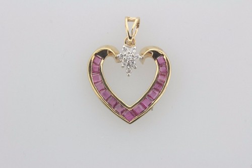 14K Yellow Gold Ruby and 0.08ct Diamond Heart Charm Pendant - Picture 4 of 7