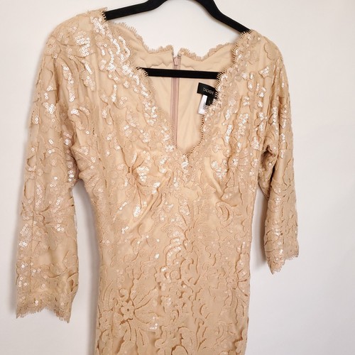 Tadashi Shoji Sequin Lace Dress Size 6 Taupe Beige Tan Embroidered Sheath V-Neck - Picture 7 of 16