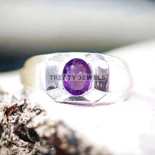 Amethyst Oval Cut Gemstone With 925 Sterling Silver Ring For Men's #A111 *