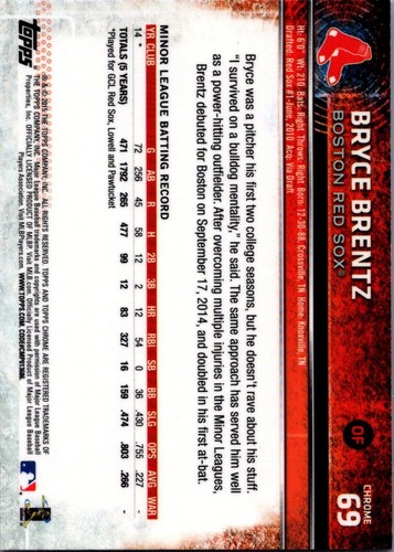 2015 Topps Chrome #69 Bryce Brentz RC Boston Red Sox - Picture 2 of 2