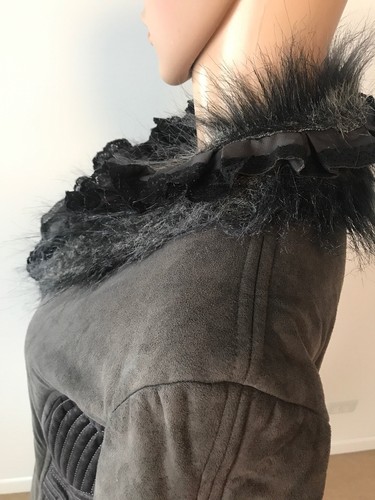 Junona Gray 100% Cotton Vegan Faux Suede & Fur Coat Jacket High End European L - Bild 6 von 12