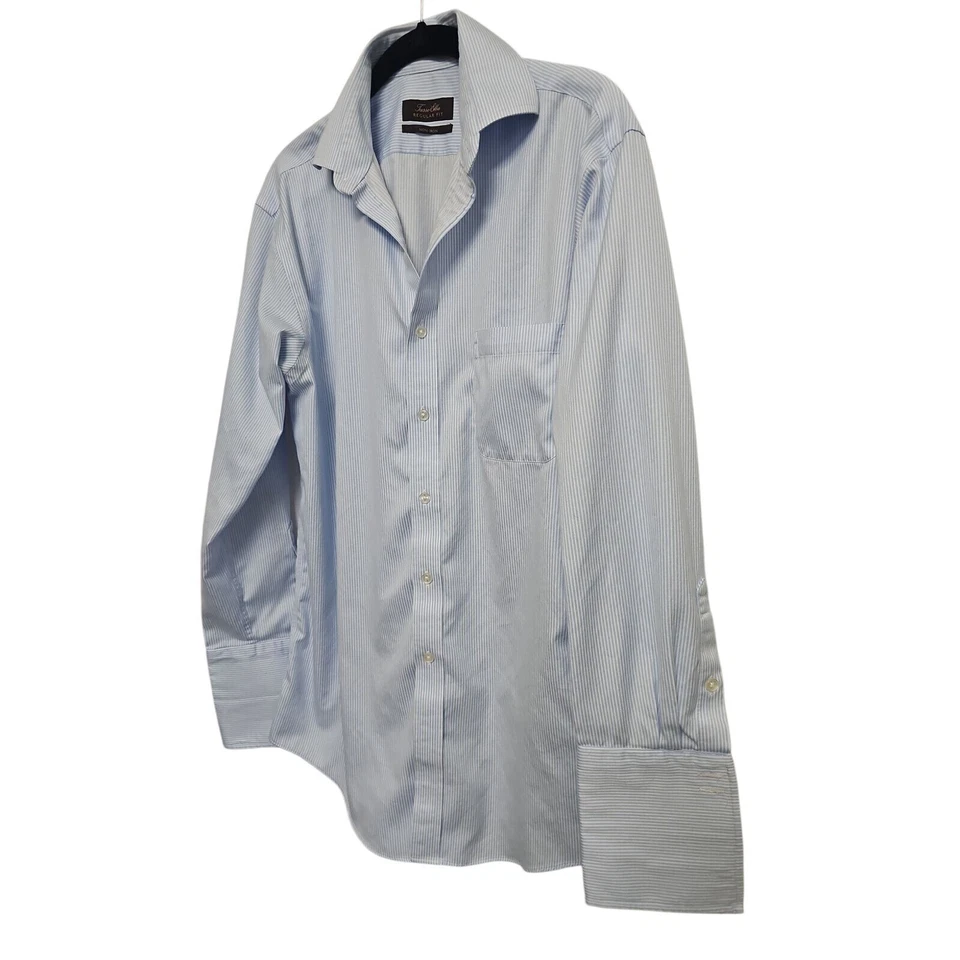 Camisa de vestir a rayas Tasso Elba sin planchar ajuste regular azul claro para hombre 15 1/2 M Foto 3 de 4