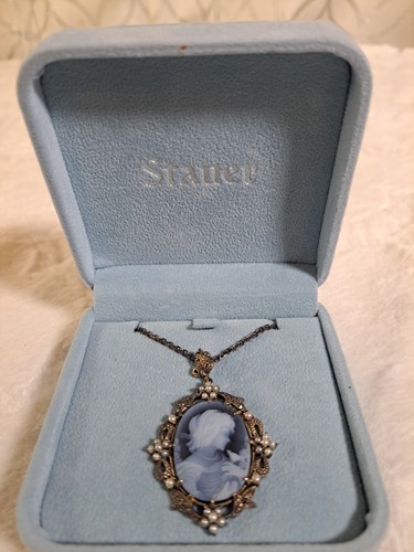 Stauer Sterling Silber blaue Kamee Anhänger Halskette Markasit Kunstperlen 925 mit - Bild 1 von 12