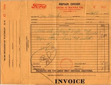 1922 Ford Repair Order Chas. G. Hanna Co. Syracuse NY Vintage Ephemera