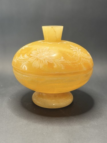 Vintage MCM Mid Century Carved Alabaster Onyx Covered Dish Flower AS IS - Picture 2 of 15