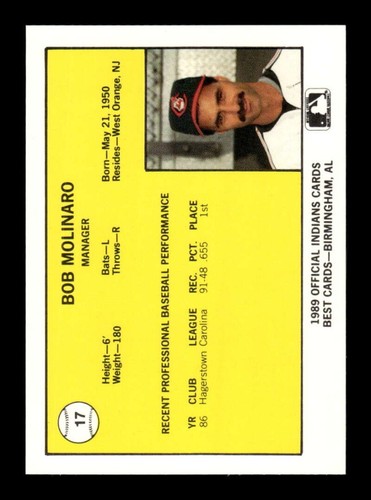 1989 Best Canton Indians 17 Bob Molinaro MGR BXCP12 - Picture 2 of 2