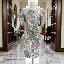 Vintage SL Fashions Floral Brocade Dress Set Puff Sleeve Peplum Bow Size 7/8 USA