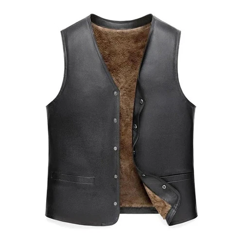 Mens Cowhide Genuine Leather Vest Fleece Lined Thick Warm Real Leather Waistcoat