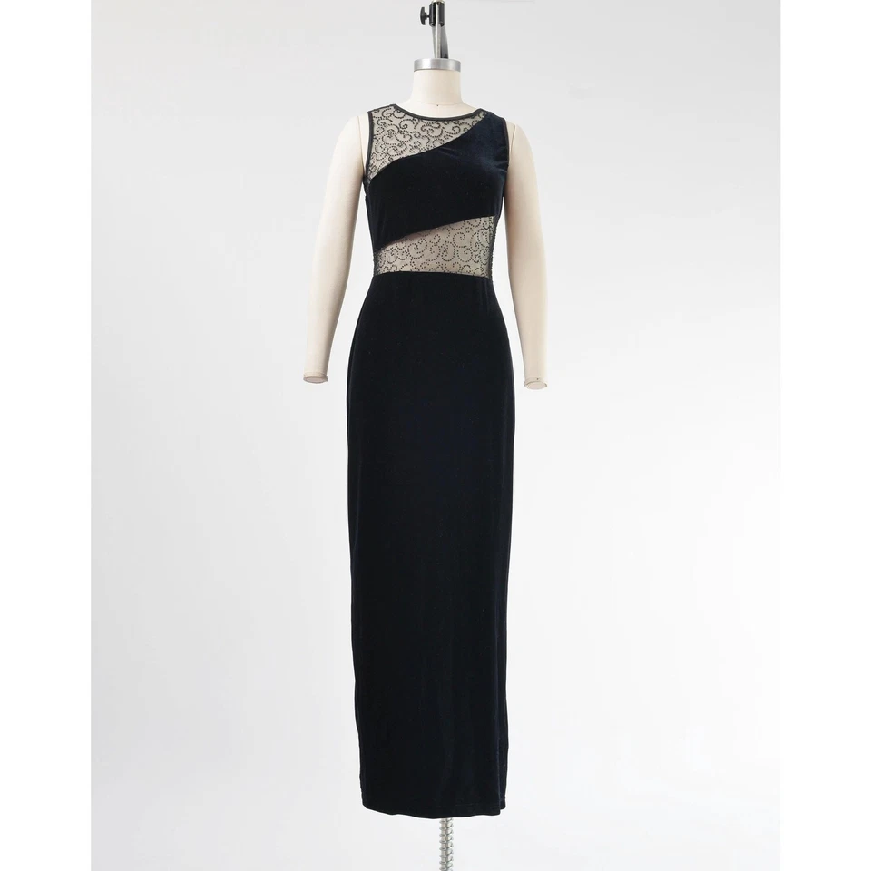 Maxi Vestido Vintage Años 90 Terciopelo Negro Malla Transparente Corte Apretado Elastizado Terciopelo  Foto 2 de 4