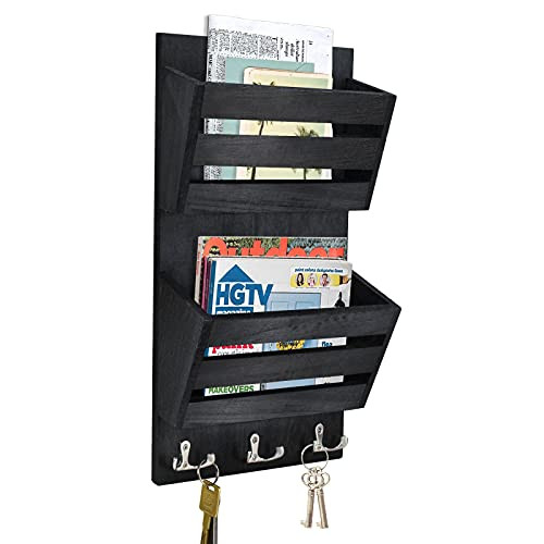 Rustic Mail Organizer Wall Mount with 4 Key Hooks,Mail Holder Wall Black - Picture 1 of 7