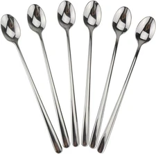Long Handle Spoon, 9-Inch Iced Teaspoon, Set of 6, 18/10 Stainless Steel