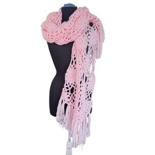 Crochet Scarf Shawl Light Pink Floral Knit Tassel Boho Wrap Vintage 20x43"
