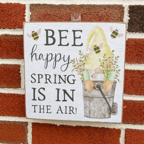 FARMHOUSE Sign Honey Bee & Gnome 8 x 8" Square Wall Hanging Spring Decoration - Picture 4 of 7
