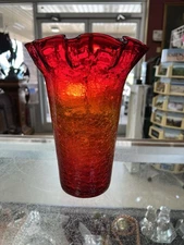 Blenko Amberina Crackle Glass Crimpt Flared Vase 10” Tall