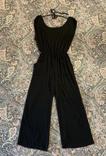 Max Studio Black Wide Leg Jumpsuit Cinched Waist Scoop Neck Pockets Size L