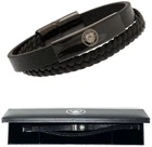 MANCHESTER CITY FC BLACK IP LEATHER BRACELET MCFC CREST PLATE TWIN GIFT BOXED