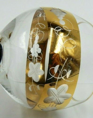 VINTAGE BLACK STEM CRYSTAL WINE GLASS WITH ETCHED & CUT GOLD BANDS - Picture 9 of 12