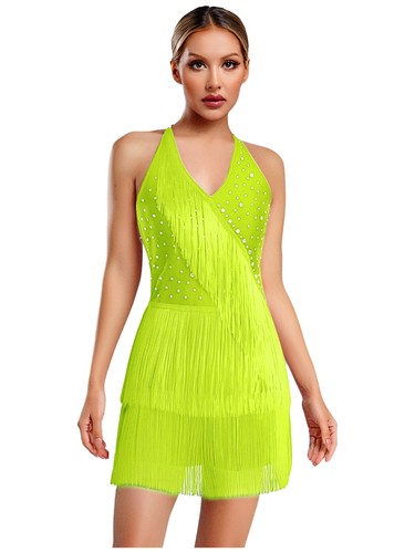 Women Sparkly Rhinestone Latin Dance Leotard Fringed Short Dress Rumba Dancewear - Picture 75 of 98